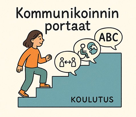 Portailla kulkeva henkilö ja kommunikointia kuvaavat puhekuplat.